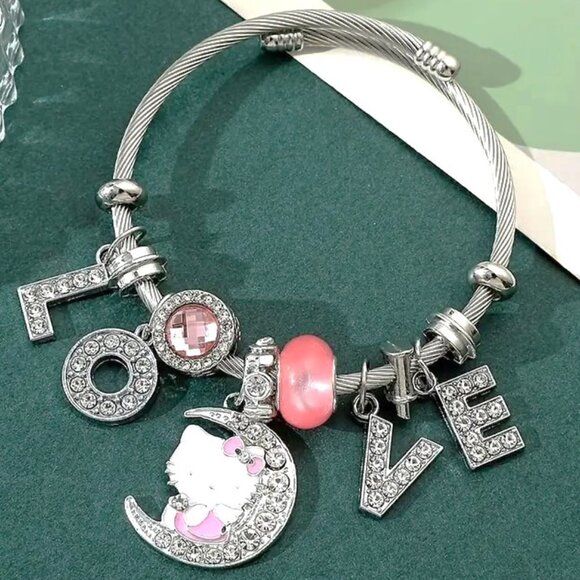 Hello Kitty Charm Bracelet Sanrio Rhinestone LOVE Moon Rave Emo Rave Beads Cute - Picture 2 of 4